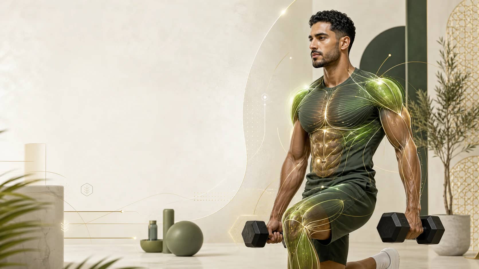 Illustration éditoriale d'un sportif avec les muscles, l'énergie et la récupération mis en valeur