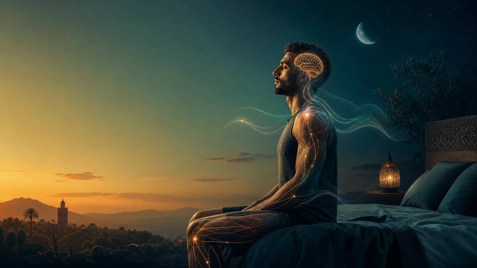 Illustration éditoriale nocturne d'une personne apaisée avec le cerveau, le système nerveux et les muscles subtilement mis en valeur